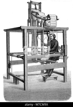 Jacquard loom, with swags of punched cards from which pattern was woven, 1876. Artist: Unknown Stock Photo