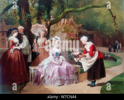 Empress Eugenie presented with bouquet by peasant girl. Eugenie de