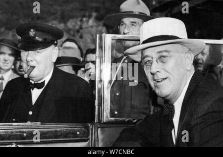 Franklin D Roosevelt and Winston Churchill meeting in Quebec, Canada, 1944. Artist: Unknown Stock Photo