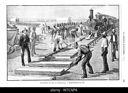 Laying sleepers and rails (permanent way) on the Transvaal Railway, South Africa, 1893. Artist: Unknown Stock Photo