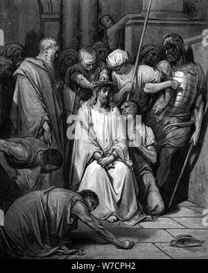 Christ mocked and the Crown of Thorns placed on his head. Artist: Gustave Doré Stock Photo