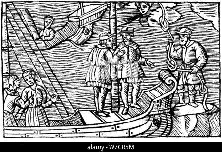 Sailors buying winds (tied in knots) from a magician, 1562. Artist: Unknown Stock Photo
