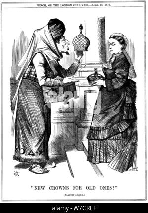 'New Crowns for Old Ones!', Benjamin Disraeli offering the crown of India to Queen Victoria, 1876. Artist: John Tenniel Stock Photo