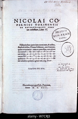 Title page of Copernicus' De revolutionibus orbium coelestium, 1543. Artist: Unknown Stock Photo