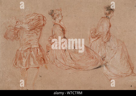 Studies of a flute-player and two women, 1717. Artist: Jean-Antoine Watteau Stock Photo