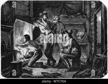 Miners in the Californian gold fields relaxing in their log cabin at night, 1853. Artist: Unknown Stock Photo