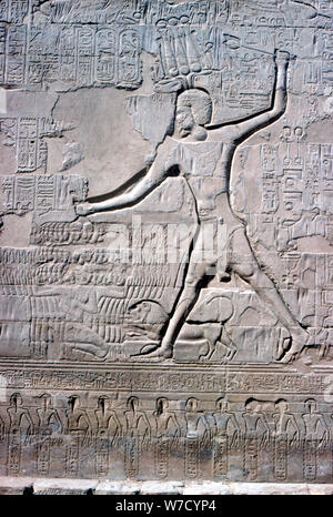 Detail of a relief of Pharaoh smiting his enemies, Temple of Khnum, Ptolemaic & Roman Periods. Artist: Unknown Stock Photo