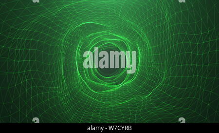 Abstract digital wormhole, tunnel consisting green sparkling particle and lines. Way through the digital network beautiful blue particles. Journey thr Stock Photo