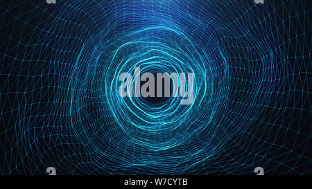 Abstract digital wormhole, tunnel consisting blue sparkling particle and lines. Way through the digital network beautiful blue particles. Journey thro Stock Photo