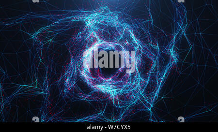 Abstract digital wormhole, tunnel consisting blue and red sparkling particle and lines. Way through the digital network beautiful blue and red particl Stock Photo