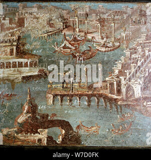 Roman wallpainting of  a harbour scene, Stabiae, near Pompeii, Italy. Artist: Unknown Stock Photo