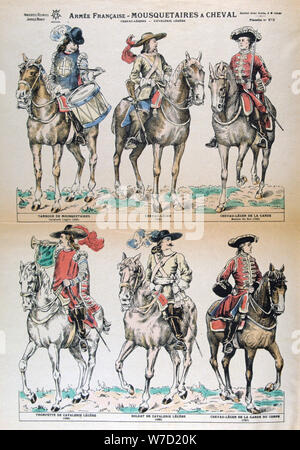 Mousquetaires a Cheval 17th Century. French army uniforms. Colour Lithograph. Private collection. Artist: Unknown Stock Photo