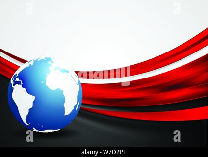 Tech abstract background with blue globe and red shiny waves. Vector graphic design Stock Vector