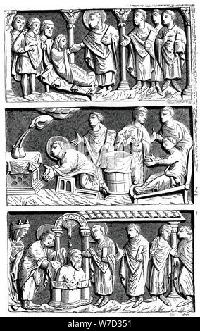 A triptych of the healing work of St Remy, Bishop of Reims, 11th century (1870). Artist: Unknown Stock Photo