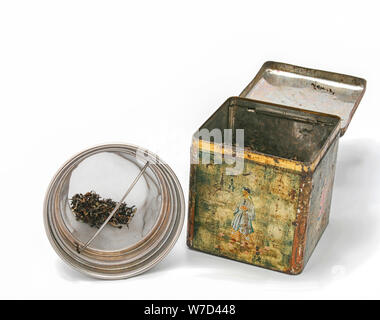 Chinese tea box with tea in strainer Stock Photo