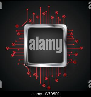 Abstract dark technology background with red circuit board lines and metal square. Vector sci-fi silver illustration design Stock Vector