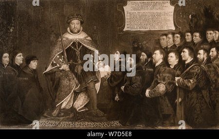 'Henry VIII, Granting a Charter to the Barbers and Surgeons Guilds', 1541, (1902).Artist: Hans Holbein the Younger Stock Photo