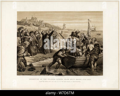 'Departure of the Pilgrim Fathers from Delft Haven, July 1620', (19th century).Artist: T Bauer Stock Photo