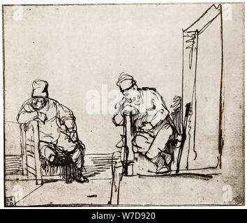 'Two Men Seated at a Doorway', 1913.Artist: Rembrandt Harmensz van Rijn Stock Photo