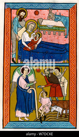 The Nativity and the Annunciation to the Shepherds, early 13th century. Artist: Unknown Stock Photo