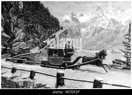 Descending the Mont Cenis pass in winter by horse-drawn sledge, 19th century. Artist: Unknown Stock Photo