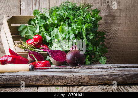 Fresh homegrown beetroots,herbs, hot red peppers, on wooden rustic table, plant based food, local produce, close up. Organic vegetables, healthy  vega Stock Photo