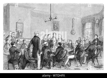 A meeting of the Anti-Corn Law League in Newall's Building, Manchester, 1838 (c1895). Artist: Unknown Stock Photo