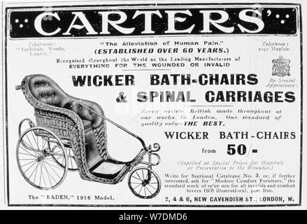 Advert for Carters' wicker bath chairs and spinal carriages, 1916. Artist: Unknown Stock Photo