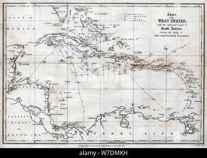 CARIBBEAN: West Indies; Chart of sea depths, land elevations & currents ...