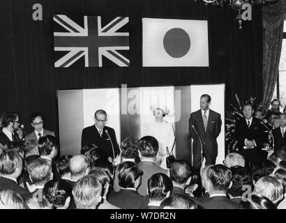 The Queen and Prince Philip listen to a speech in Diet, Japan, 1975. Artist: Unknown