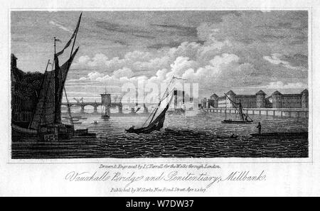 Vauxhall Bridge and Millbank Penitentiary, Westminster, London, 1817.Artist: JC Varrall Stock Photo