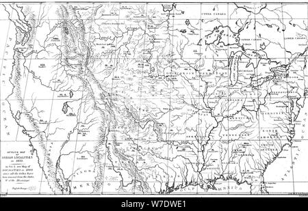 Map of North America with locations of Native American tribes, 1841.Artist: Myers and Co Stock Photo