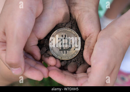 Children's hands are holding Bitcoin in the ground. Rising up bitcoin. Stock Photo