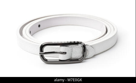 White leather thin belt isolated on  white Stock Photo