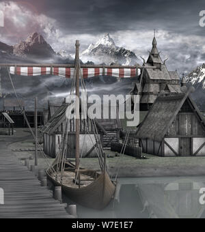 Medieval ship ready to leave in old viking village scenery Stock Photo