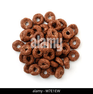 Top view of chocolate cereal rings isolated on white Stock Photo