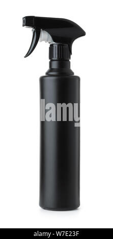 Black plastic spray bottle isolated on white Stock Photo