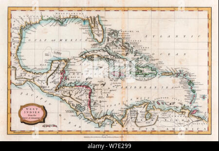 Map of the West Indies and the Caribbean Sea, 1800s. Color lithograph ...