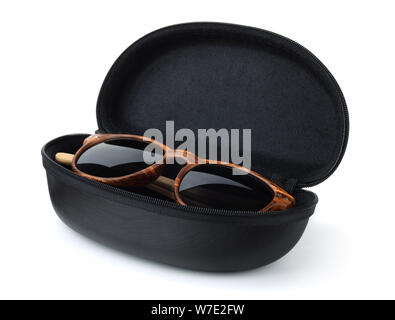 Sunglasses in hard black protective case isolated on white Stock Photo