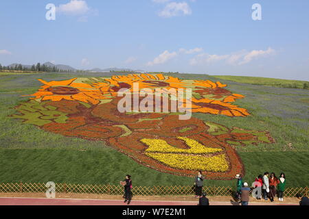 Tourists take photos with colorful plants in the pattern of Vincent van Gogh's masterpiece painting 'Sunflowers' during the Second Hebei Tourism Indus Stock Photo