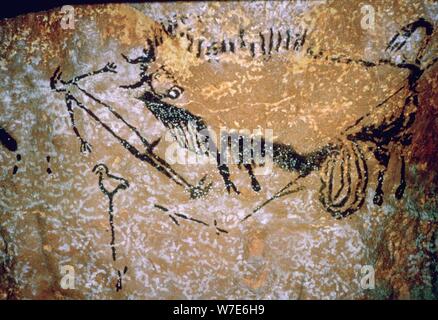 Paleolithic cave-painting of a Bison and Man from Lascaux. Artist: Unknown Stock Photo