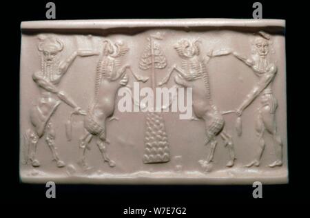 Akkadian cylinder-seal impression of a bull-man and hero. Artist: Unknown Stock Photo