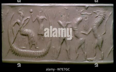 Akkadian cylinder-seal impression showing the flood-epic. Artist: Unknown Stock Photo