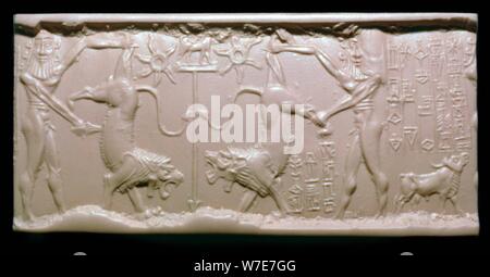 Akkadian cylinder-seal impression of a hero fighting a lion. Artist: Unknown Stock Photo