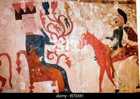 Detail of a horseman and seated man from felt Scythian wall-hanging. Artist: Unknown Stock Photo
