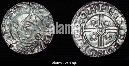 Anglo-Saxon Silver Penny of Cnut, 'pointed helmet' type. Artist: Unknown Stock Photo