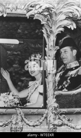 Queen Elizabeth II and Duke of Edinburgh in the State Coach, The Coronation, 2nd June 1953. Artist: Unknown Stock Photo