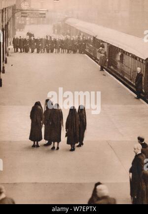 'A lone group of royal mourners: Queen Mary with the Princess Royal', 1936.  Artist: Unknown. Stock Photo