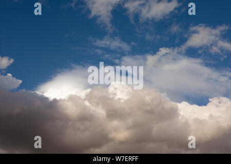 Close-up sky at sunset. Yellow, orange, pinkish multi-colored cumulus clouds Stock Photo