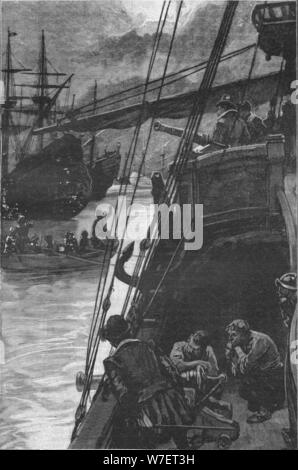 The first English ship in the Pacific: Sir Francis Drake's 'Golden Hind' at Lima, 1579 (1908).  Artist: Unknown. Stock Photo